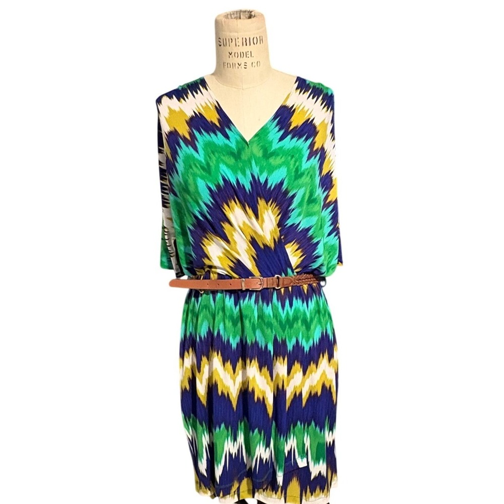 Calvin Klein Green Blue Yellow Chevron Ikat Faux Wrap Belted Dress 4P‎